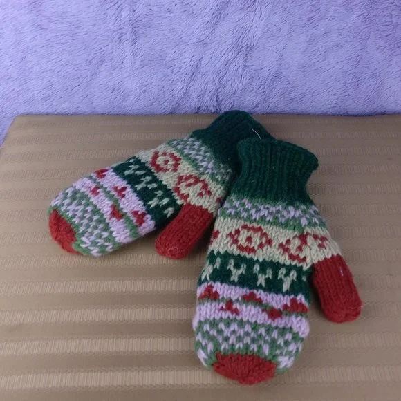 Fair Isle Wool Mittens 100%YAK Wool Fleece Lined Nordic Chunky Knit Mde in Nepal - Picture 2 of 11